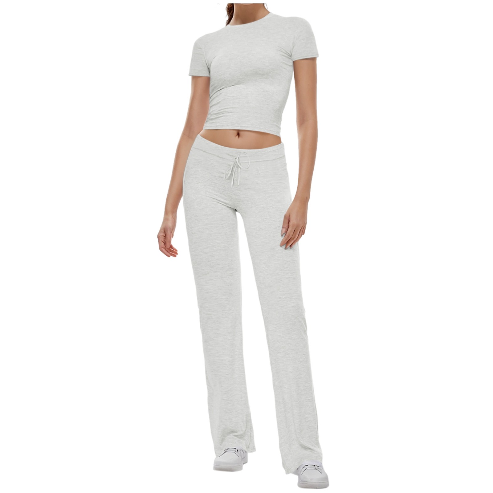 thumbnail image 1 of Conjunto de 2 piezas para mujer: top corto de manga corta y pantalones rectos, estilo deportivo informal, tallas reales para primavera/verano, 1 of 6